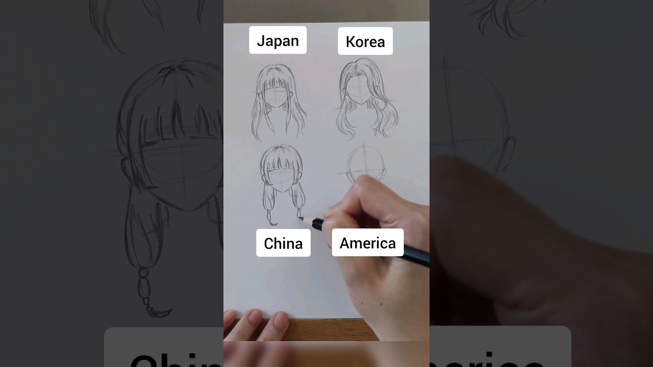 Japan vs Korea vs China vs America- How to draw hair for anime girl – different countries #howtodraw
