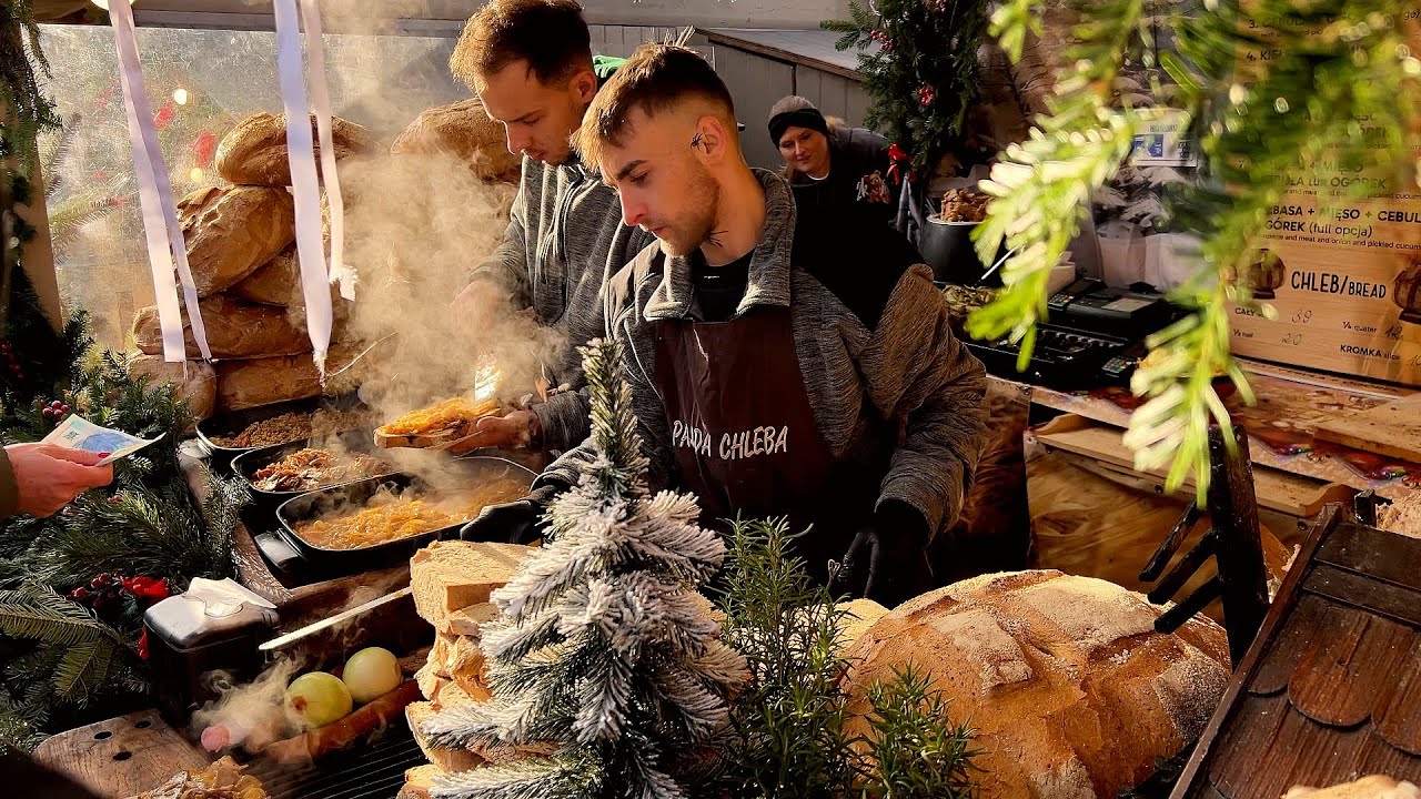 Christmas Market in Krakow, Poland. Christmas atmosphere and street food in the market square!