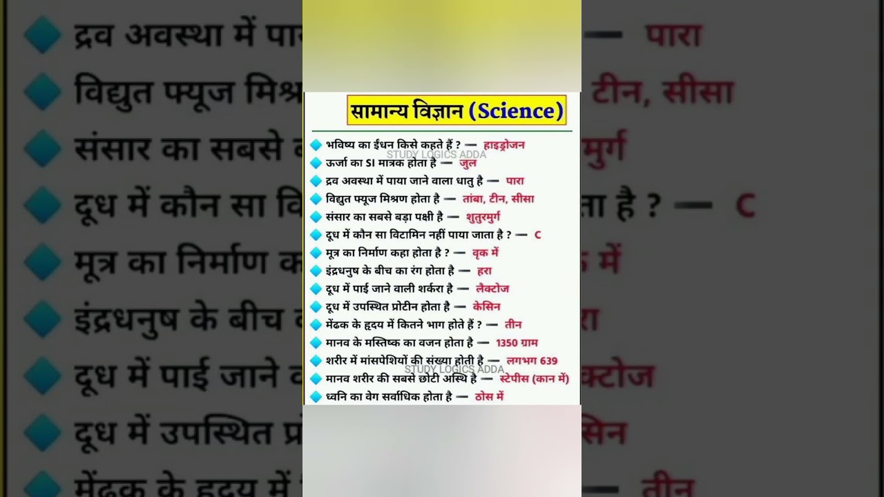 science से जुड़े कुछ महत्वपूर्ण तथ्य जो सभी प्रतियोगी परीक्षाओं मे पूछे जाते है । general knowledge